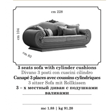 LEONARDO Włoska Sofa 3 osobowa z poduszkami cylindrycznymi 228cm / Arredoclassic