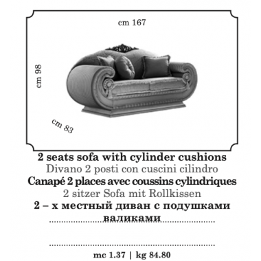 LEONARDO Włoska Sofa 2 osobowa z poduszkami cylindrycznymi 167cm / Arredoclassic