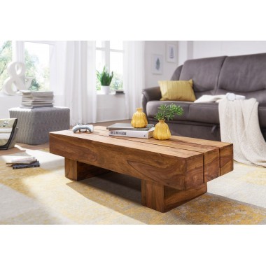 WOHNLING coffee table solid wood Sheesham 120cm wide design living room table dark-brown country style table