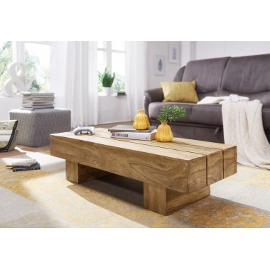 WOHNLING coffee table solid wood acacia 120cm wide design living room table dark-brown country style table