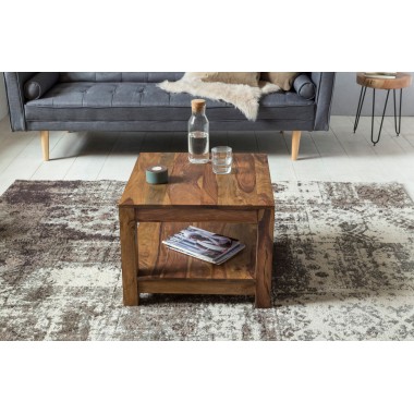 WOHNLING coffee table solid wood Sheesham 60 x 60 cm living room table design dark brown country style table