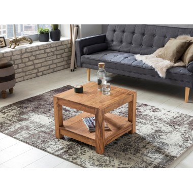 WOHNLING coffee table solid wood acacia 60 x 60 cm living room table design dark brown country style table