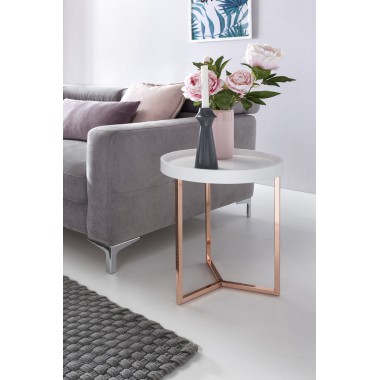 WOHNLING Design Side table white / copper ø 40 cm Tablett wood metal | Living room table with table Sofas modern | Coffee table 