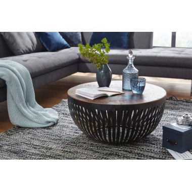 WOHNLING coffee table NISHA 70x33x70 cm wood / metal living room table Industrial | Wire basket table living room | Coffee table