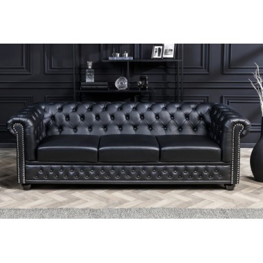 Invicta CHESTERFIELD Sofa 3 osobowa imitacja skóry antyczna czerń 205 x 73 x 85cm / 41447