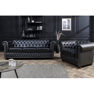 Invicta CHESTERFIELD Sofa 3 osobowa imitacja skóry antyczna czerń 205 x 73 x 85cm / 41447