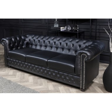 Invicta CHESTERFIELD Sofa 3 osobowa imitacja skóry antyczna czerń 205 x 73 x 85cm / 41447