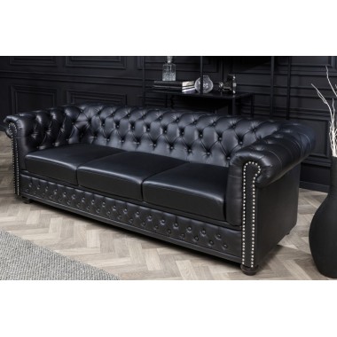 Invicta Sofa Chesterfield 3 osobowa imitacja skóry antyczna czerń 205cm / 41447