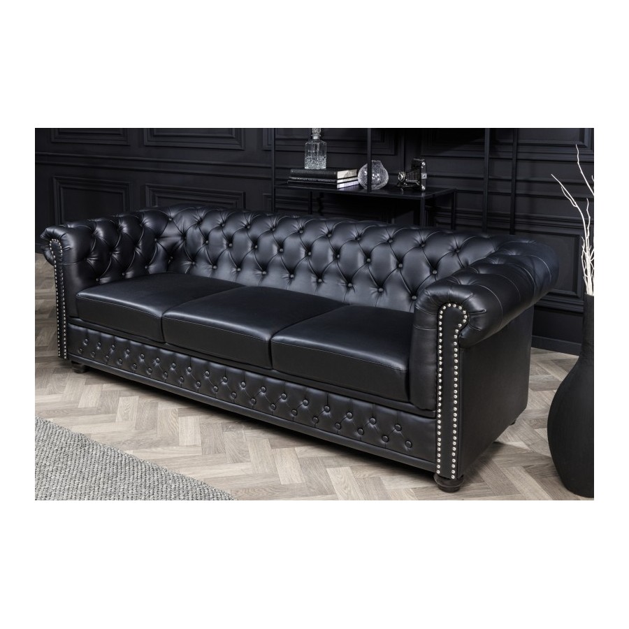 Invicta Sofa Chesterfield 3 osobowa imitacja skóry antyczna czerń 205cm / 41447