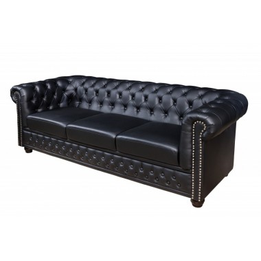 Invicta Sofa Chesterfield 3 osobowa imitacja skóry antyczna czerń 205cm / 41447