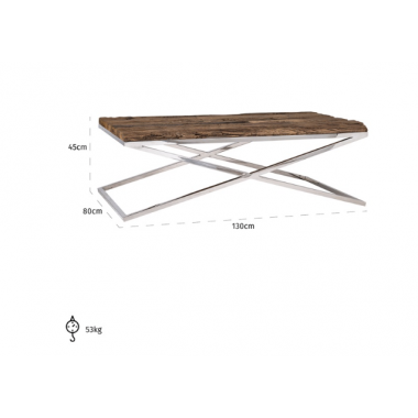 Stolik kawowy KENSINGTON drewno z recyklingu srebrna rama 130cm / 9853