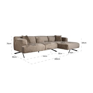 Sofa Donovan 3-seats + lounge right (Bergen 104 taupe chenille)