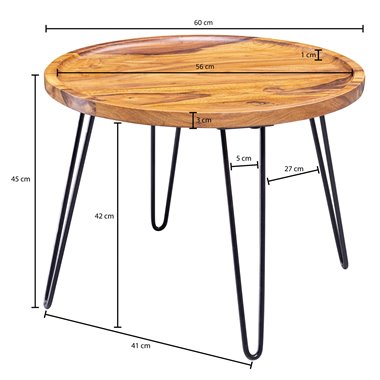 kawowy  Sheesham z litego drewna 60x45x60 cm okrągły stół do salonu | Stół rozkładany z nóżkami z klipsem Stolik wykonany z drew