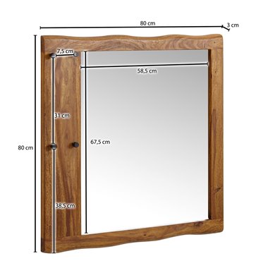 Dąb Lite Drewno Sheesham 80x80x3 cm Designerskie Lustro do Przedpokoju Duże Nowoczesne | Wisząca lustrzana ściana lustrzana | No
