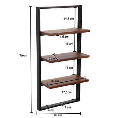 Półka ścienna 35x70x15 cm Sheesham Lite drewno / metal Półka wisząca Industrial | Projekt pływającej półki prostokątnej | Półka 