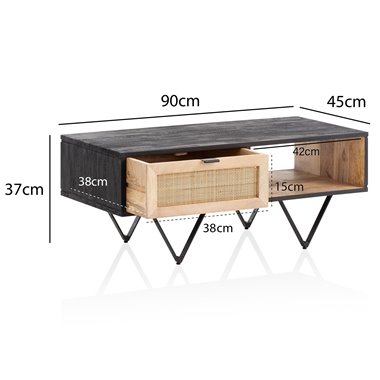 Stolik kawowy 90x45x37 cm Lite drewno mango / Rattan Stolik rozkładany prostokątny | Stół do salonu, stolik kawowy, solidny z sz