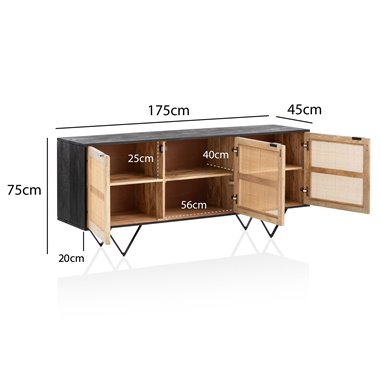 Kredens  175x75x45 cm komoda z litego drewna mango / rattanu z 3 drzwiami | Wysoka komoda czarno-brązowa | Szafka stojąca do sal