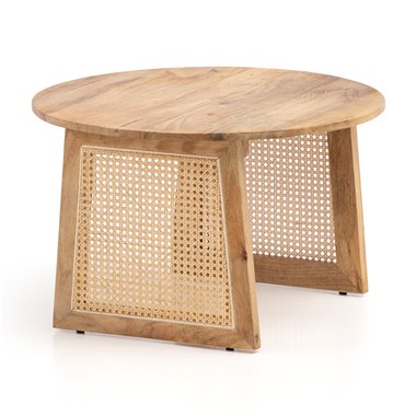 Stolik kawowy 65x65x40 cm Lite drewno mango / Brązowy rattanowy stolik rozkładany Okrągły | Designerski stół do salonu warkocz w