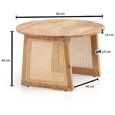 Stolik kawowy 65x65x40 cm Lite drewno mango / Brązowy rattanowy stolik rozkładany Okrągły | Designerski stół do salonu warkocz w