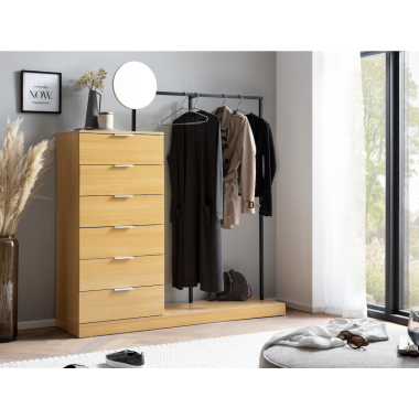 Wohnling Garderoba w optyce dębu 6 szuflad z lusterkiem 145cm / WL6.901