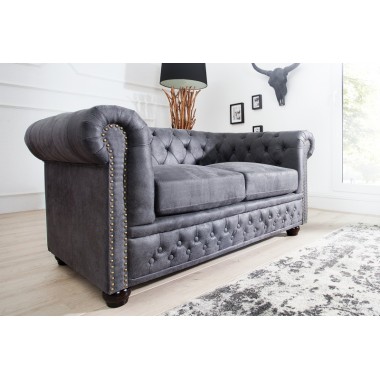 Invicta CHESTERFIELD Sofa 2 osobowa antyczny szary mikrofibra 150cm / 37390