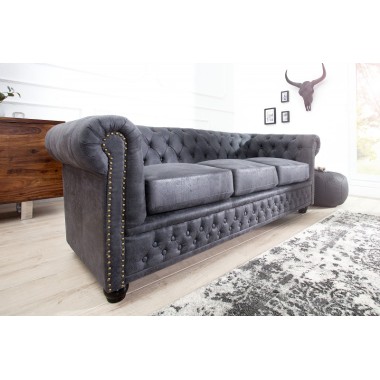Invicta CHESTERFIELD Sofa 3 osobowa antyczny szary mikrofibra 200cm / 37391