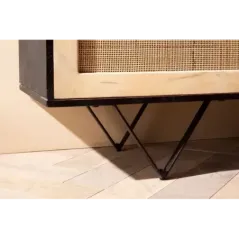 Kredens  175x75x45 cm komoda z litego drewna mango / rattanu z 3 drzwiami | Wysoka komoda czarno-brązowa | Szafka stojąca do sal