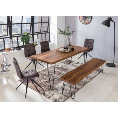 WOHNLING dining table solid wood Sheesham 120cm dining table wooden table Metal legs kitchen table Landhaus dark-brown