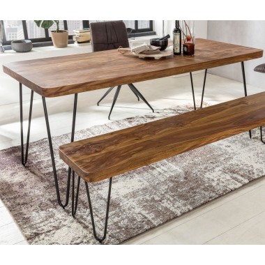 WOHNLING dining table solid wood Sheesham 120cm dining table wooden table Metal legs kitchen table Landhaus dark-brown