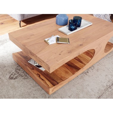 WOHNLING coffee table solid wood Acacia 118 cm wide dining room table design dark brown country style table