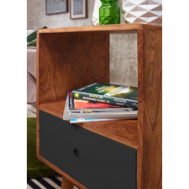 WOHNLING retro nightstand REPA / Sheesham-wood nightstand with drawer dark brown / black Design Nightstand 40 x 35 x 70 cm | Lar