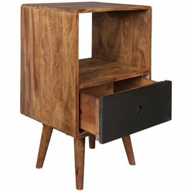 WOHNLING retro nightstand REPA / Sheesham-wood nightstand with drawer dark brown / black Design Nightstand 40 x 35 x 70 cm | Lar