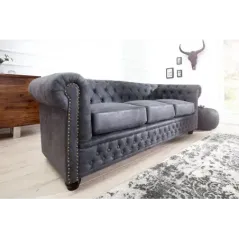 Invicta CHESTERFIELD Sofa 3 osobowa antyczny szary mikrofibra 200cm / 37391