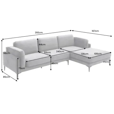 Invicta Sofa narożna MANHATTAN prawo stronny szary aksamit 295 x 88 x 85cm / 44277