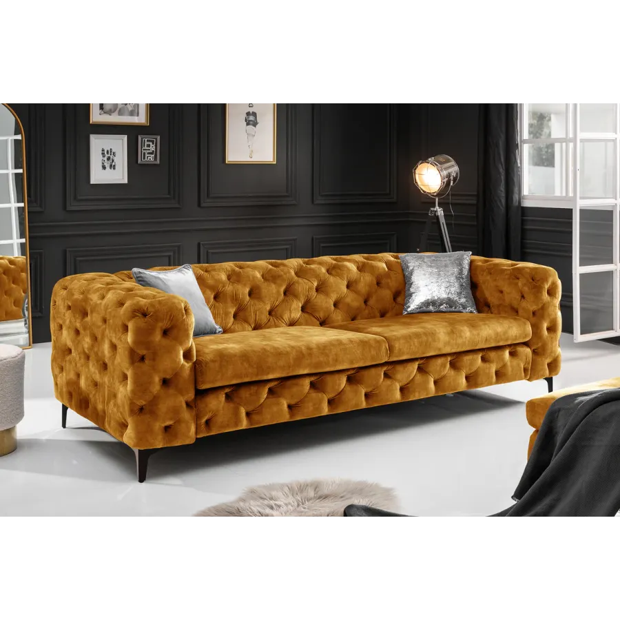 Invicta Chesterfield Sofa 3-osobowa MODERN BAROCK musztardowo żółty aksamit 240cm / 44392