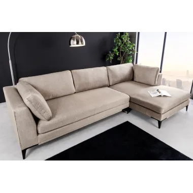 Invicta SIGNUM Kanapa narożna 3-osobowa z pufą prawa aksamit taupe 313 x 110 x 103cm / 44538