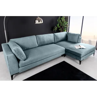 Invicta SIGNUM Kanapa narożna 3-osobowa z pufą prawa aksamit turkus 313 x 110 x 103cm / 44535