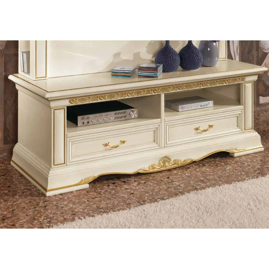 VIVALDI CREMA Włoska Luksusowa Szafka TV mini ze zdobieniami 213 x 57 x 59cm / 1752 VIVALDI CREMA Włoska Luksusowa Szafka TV mini ze zdobieniami 213 x 57 x 59cm / 1752