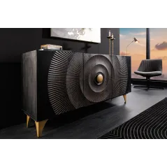 Invicta Komoda GOLDEN SUNSET czarne złoto z drewna mango 3D 140 x 75 x 38cm / 46658