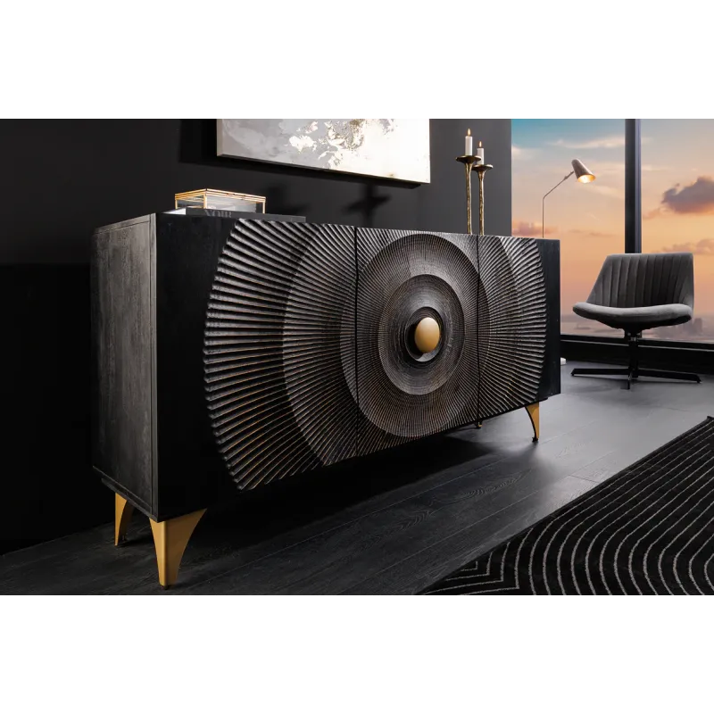 Invicta Komoda GOLDEN SUNSET czarne złoto z drewna mango 3D 140 x 75 x 38cm / 46658