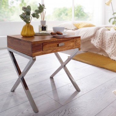 WOHNLING nightstand solid wood Sheesham night-dresser 45 cm 1 drawer metal legs nightstand Landhaus real-wood