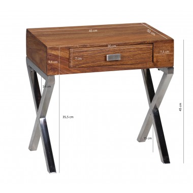 WOHNLING nightstand solid wood Sheesham night-dresser 45 cm 1 drawer metal legs nightstand Landhaus real-wood