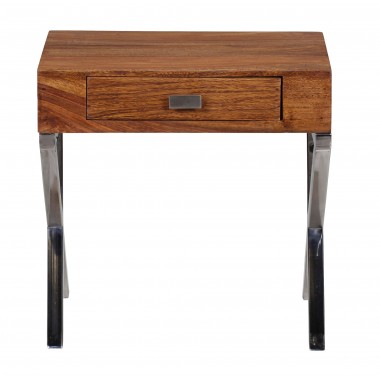 WOHNLING nightstand solid wood Sheesham night-dresser 45 cm 1 drawer metal legs nightstand Landhaus real-wood