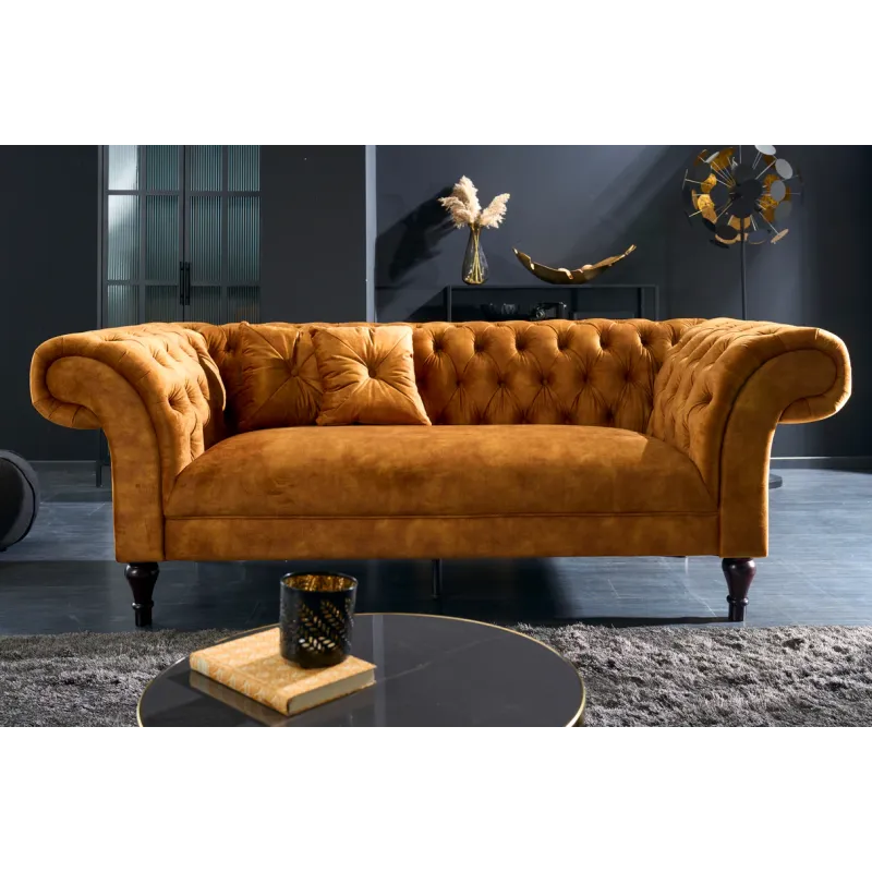 Invicta CHESTERFIELD PARIS Sofa musztardowo żółty aksamit 225 x 80 x 95cm / 41249