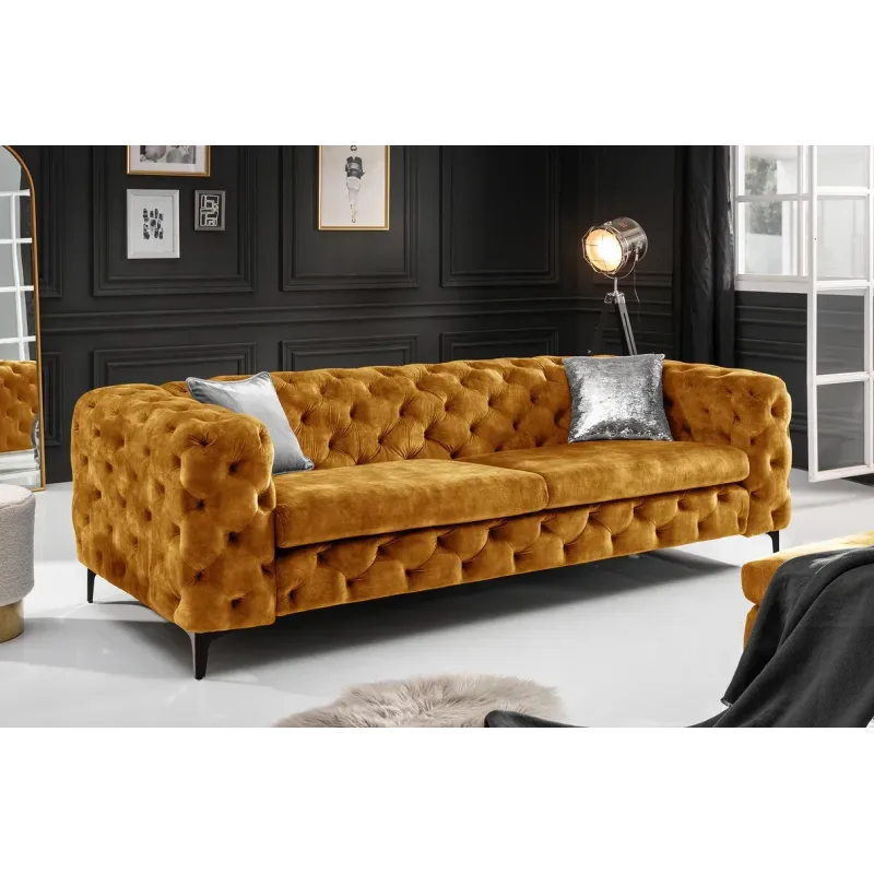 Invicta Chesterfield Sofa 3-osobowa MODERN BAROCK musztardowo żółty aksamit 240cm / 44392 Invicta Chesterfield Sofa 3-osobowa MODERN BAROCK musztardowo żółty aksamit 240cm / 44392
