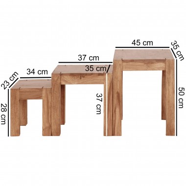 WOHNLING set of 3 nesting tables Solid-wood Acacia Living table country style side table dark-brown natural wood