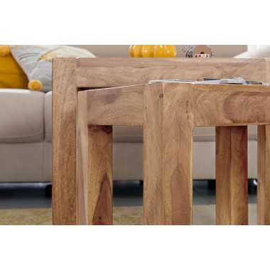 WOHNLING set of 3 nesting tables Solid-wood Acacia Living table country style side table dark-brown natural wood