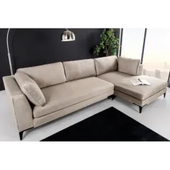 Invicta SIGNUM Kanapa narożna 3-osobowa z pufą prawa aksamit taupe 313 x 110 x 103cm / 44538