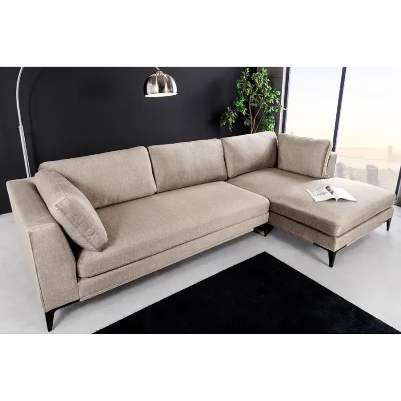 Invicta SIGNUM Kanapa narożna 3-osobowa z pufą prawa aksamit taupe 313 x 110 x 103cm / 44538