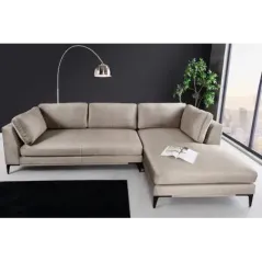 Invicta SIGNUM Kanapa narożna 3-osobowa z pufą prawa aksamit taupe 313 x 110 x 103cm / 44538